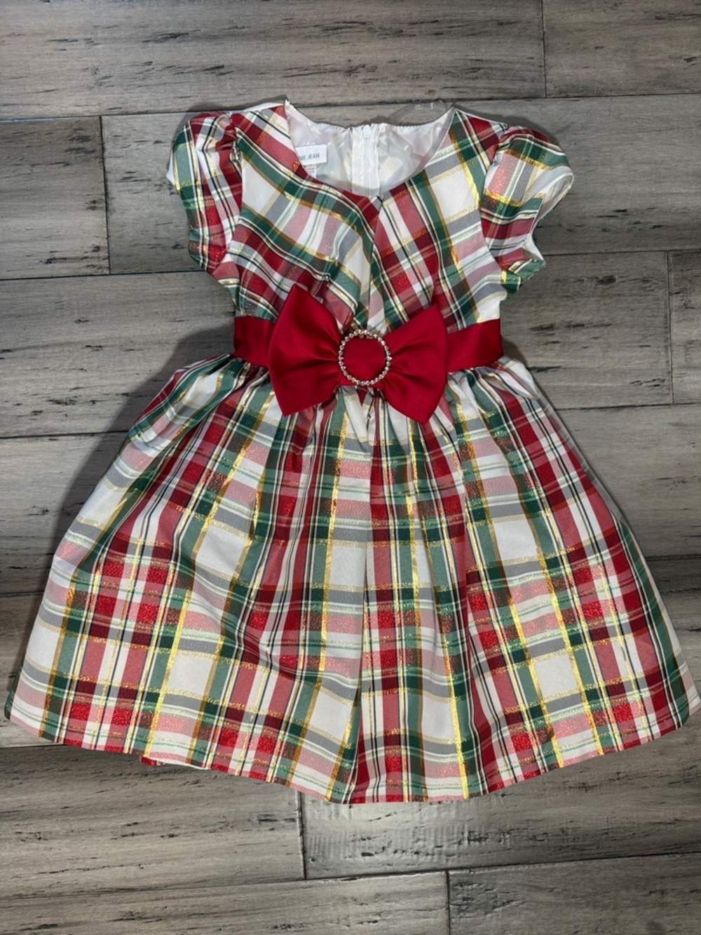 Girls Red & Green Holiday Plaid Dress with Decorative Bow